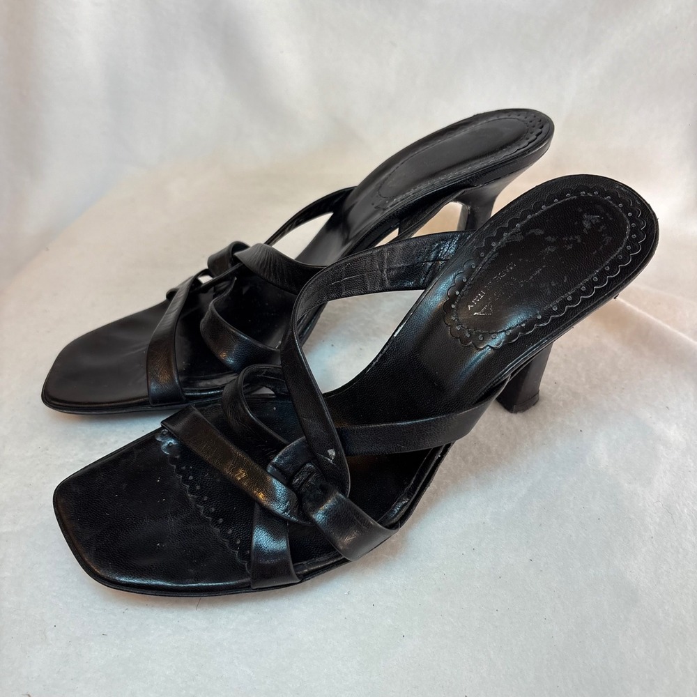 Via Spiga Y2K Black Leather Strappy Square Toe Flared Heel Sandals Italy 9M